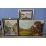 Two oil paintings, summer landscape with a cricket game and a town scene and a watercolour