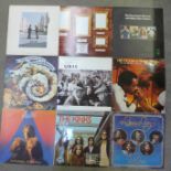 Twelve LP records, Pink Floyd, ELP, Barclay James Harvest, The Moody Blues, Police, UB40, etc.