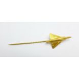 An 18ct gold lapel pin in the form of a delta wing aircraft, 3.9g, (length of plane 27mm)