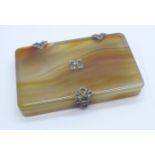 A diamond set agate snuff box, a/f, the base cracked and chipped, width 9cm
