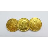 A triple South Africa gold ½ Pond coin brooch, all 1890's coins, total weight 12.8g