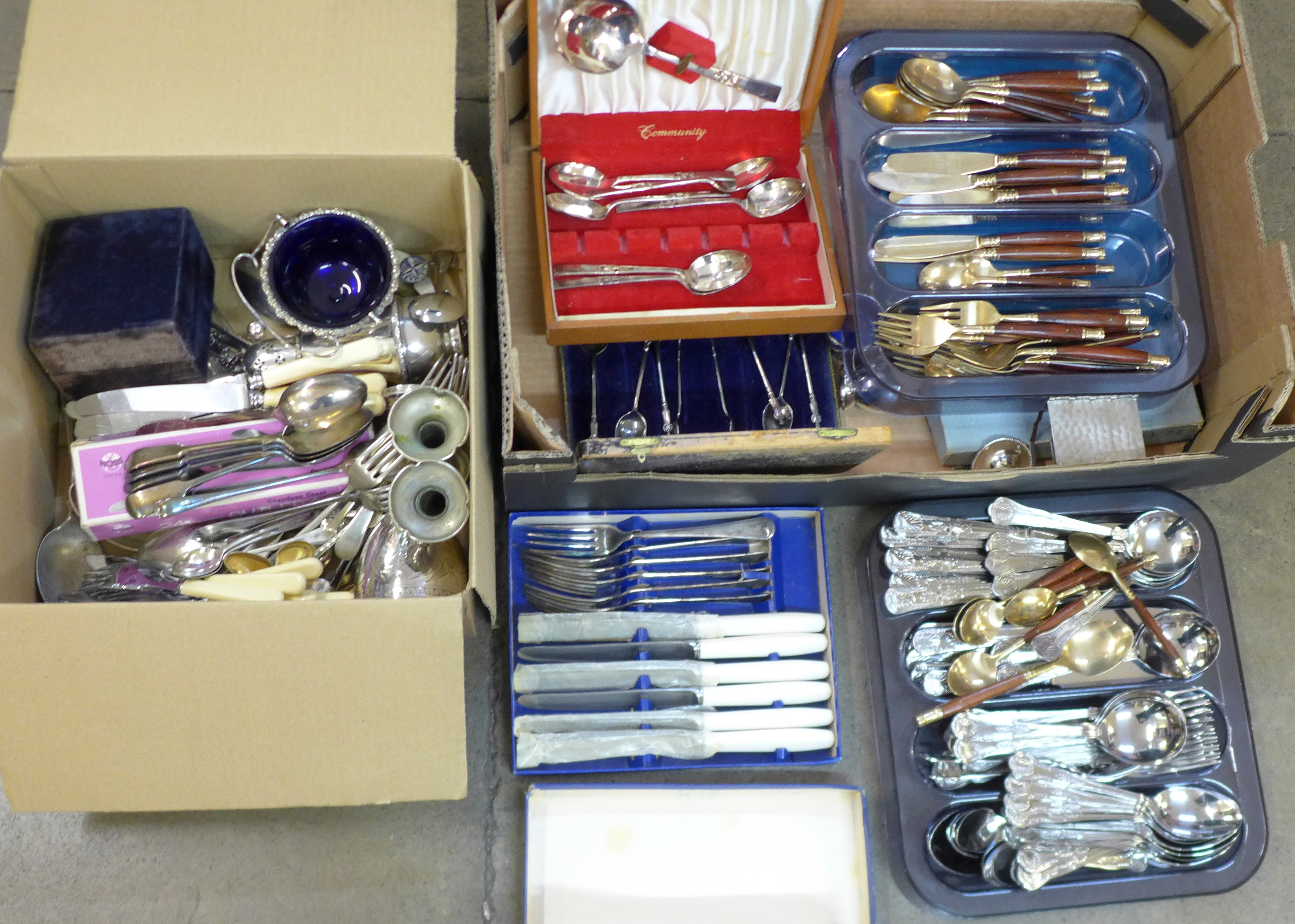 Plated and stainless steel flatware, plated goblet, and two sets of cutlery and cased cutlery sets