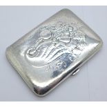 A Georg Jensen hammered silver cigarette case decorated with fruit, marked 925, 75C, 105.7g, 93mm