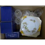 Ten Royal Doulton crystal glasses (six boxed) and a small collection of plates and saucers **