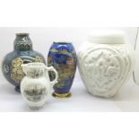 A Carlton Ware vase, cracked, a Doulton Lambeth vase, small chip to the rim, a Beswick ginger jar