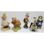 Five Beswick Ware Alice in Wonderland figures, Alice, Cheshire Cat, King and Queen of Hearts and Mad