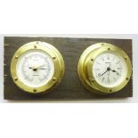 A mounted Sowester barometer and quartz clock