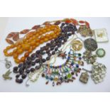 An amber coloured bead necklace, a 'seed' necklace, an agate bracelet, Ciro pearl necklet with 9ct