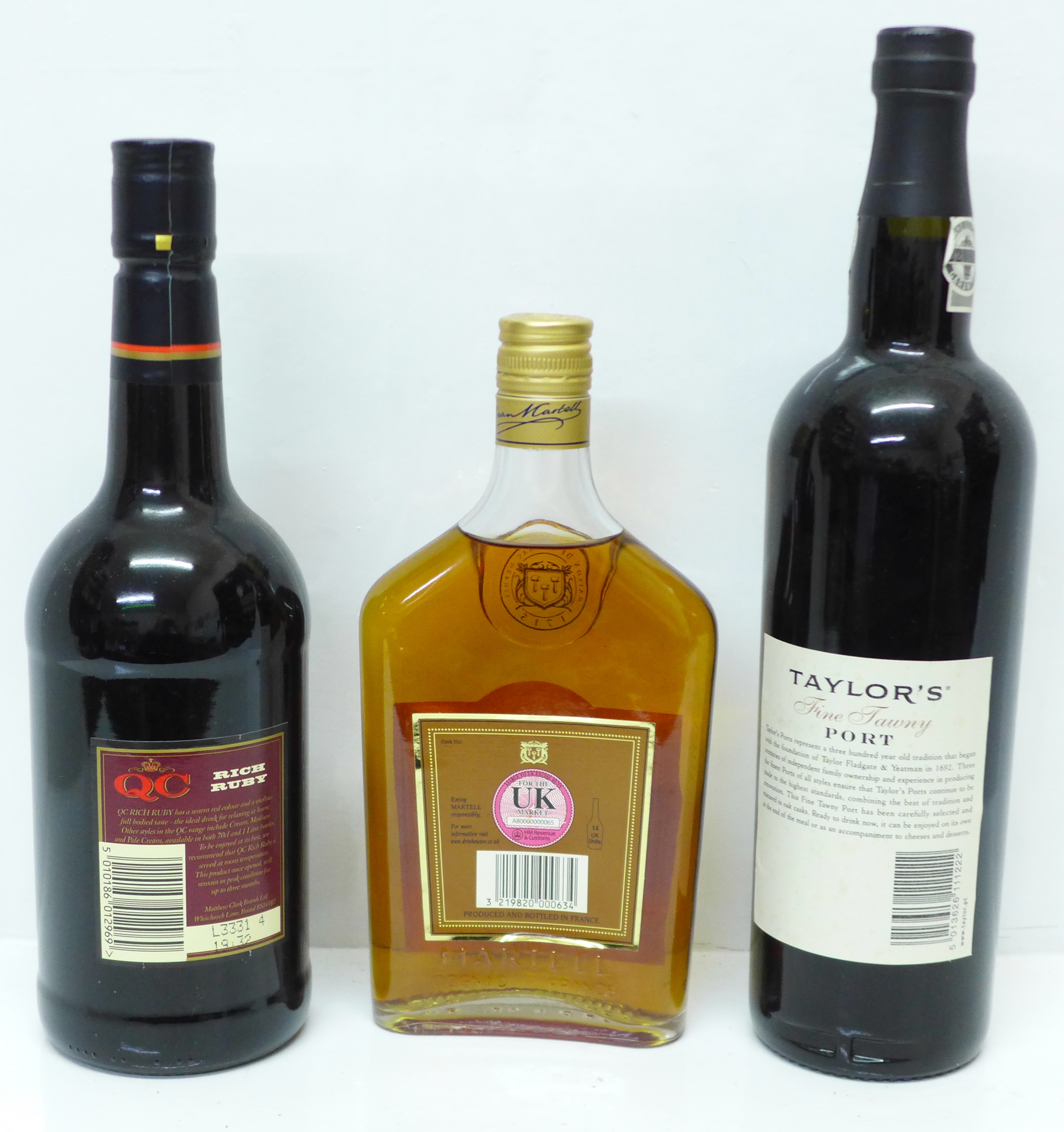 Two bottles of port, Taylor's Fine Tawny and QC Rich Ruby and a 35cl bottle of Martell V.S. Fine - Image 2 of 2