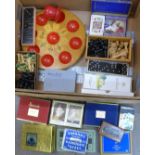 Gaming items; two sets of vintage Bakelite dominoes, six sets of Bridge cards including Harrods,