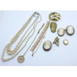 A collection of Edwardian and other vintage jewellery; a 9ct back and front heart shaped locket