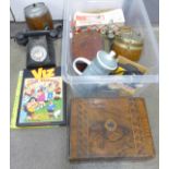 Two wooden biscuit barrels, an inlaid workbox, a/f, a Chinese box, travel clock, camera, coffee pot,