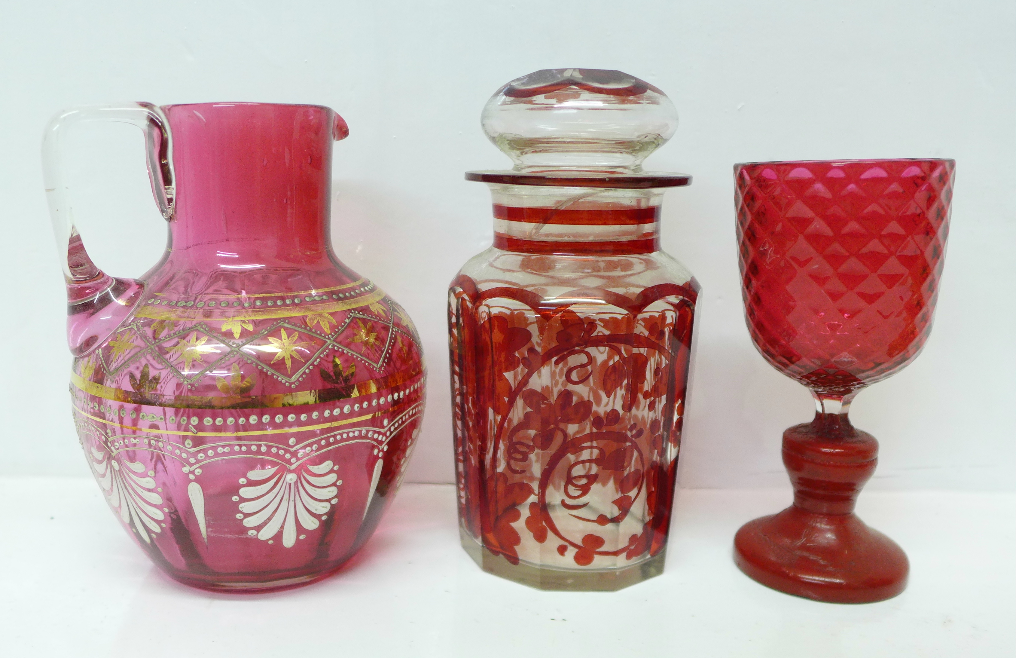 Six Italian glass beakers with gilt decoration, a cranberry glass jug, a glass jar, lid a/f, a glass - Image 3 of 3