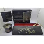 A 19th Century Oriental lacquered jewellery box, a glove box and a lidded pot