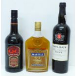 Two bottles of port, Taylor's Fine Tawny and QC Rich Ruby and a 35cl bottle of Martell V.S. Fine