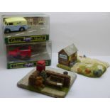 Two Corgi Classic vehicles, boxed and two Classic Heritage buildings, Ice Cream cabin and