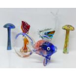 Three Murano glass models of fish and two Murano glass mushrooms