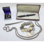 A silver Yard-O-Led pencil, a silver Mackintosh Kit Heath pendant and chain, a coin bracelet, etc.