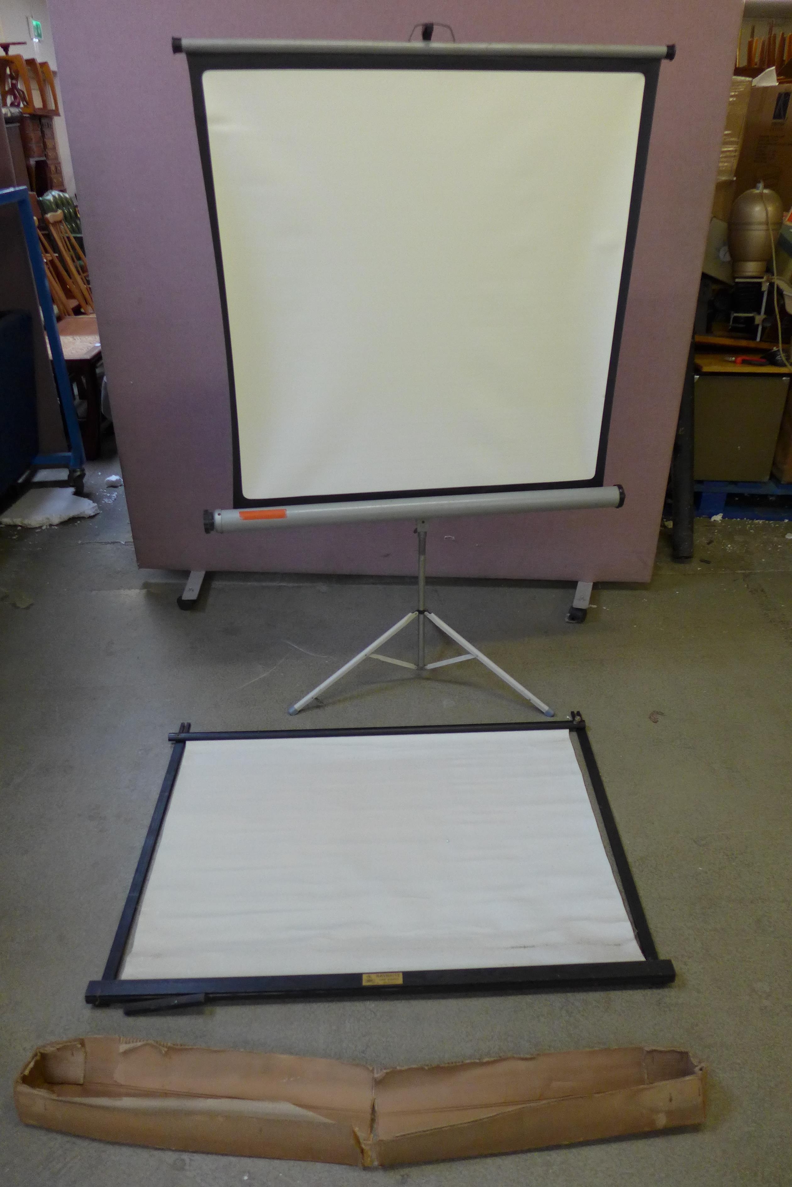 A free-standing projector screen and a table-top Raybrite cine screen