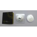 Two South Africa 1oz. fine silver Krugerrand coins, one 2017 50th Anniversary Premium Uncirculated