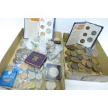 Coins; one penny coins, commemorative crowns, two Britain's First Decimal Coins sets, etc.