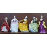 Five Royal Doulton figures;-The Peggy Davies Collection Eleanor, Top o' the Hill, second, Kirsty,