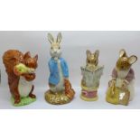 Four limited edition Beswick Beatrix Potter figures, Hunca Munca Sweeping, Squirrel Nutkin, 394/