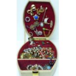 A jewellery box and costume jewellery including vintage