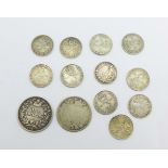 A collection of pre 1920 silver coins, two Victorian shillings, 1870, worn, and 1871, 3d coins