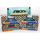 Five Scalextric model racing cars, Ferrari x2, Mercedes, Austin Healey and C3 Javelin