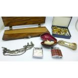 A carved pipe, two lighters, tie-press, cufflinks, etc.