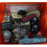 A dressing table set, a pair of dog figures, a table lighter, an Art Nouveau style box, flatware and