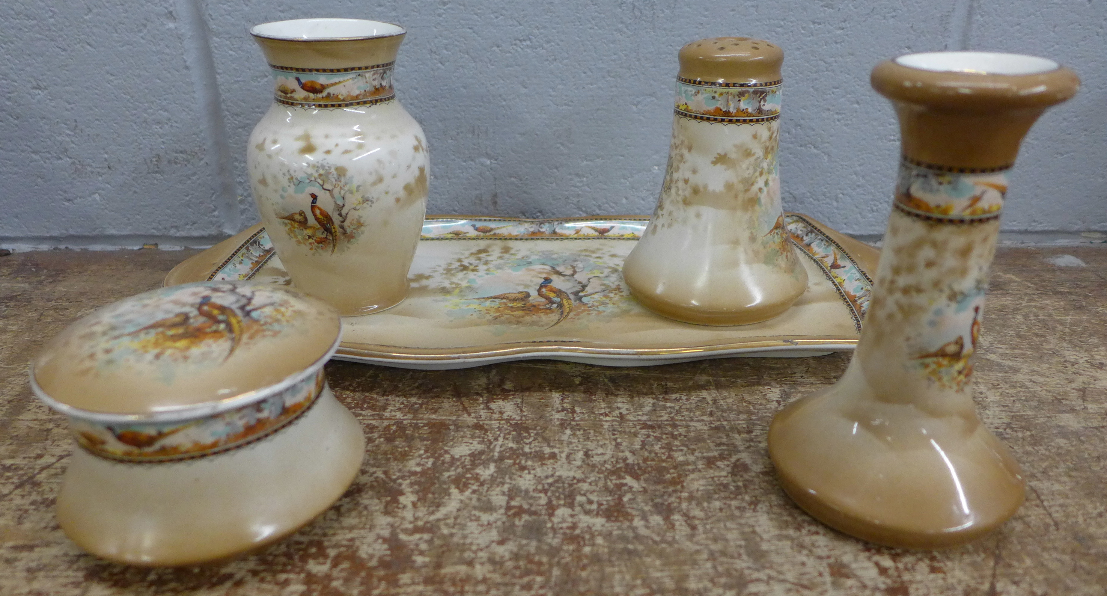 A Royal Venton Ware dressing table set decorated with pheasants **PLEASE NOTE THIS LOT IS NOT