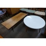 A white lacquered and teak circular coffee table and one other