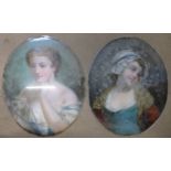 English School (19th Century), pair of oval portraits of girls, oil on canvas laid on glass, 45 x