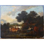 Manner of John Constable, landscape with girl and cattle by a river, oil on board, 27 x 35cms,