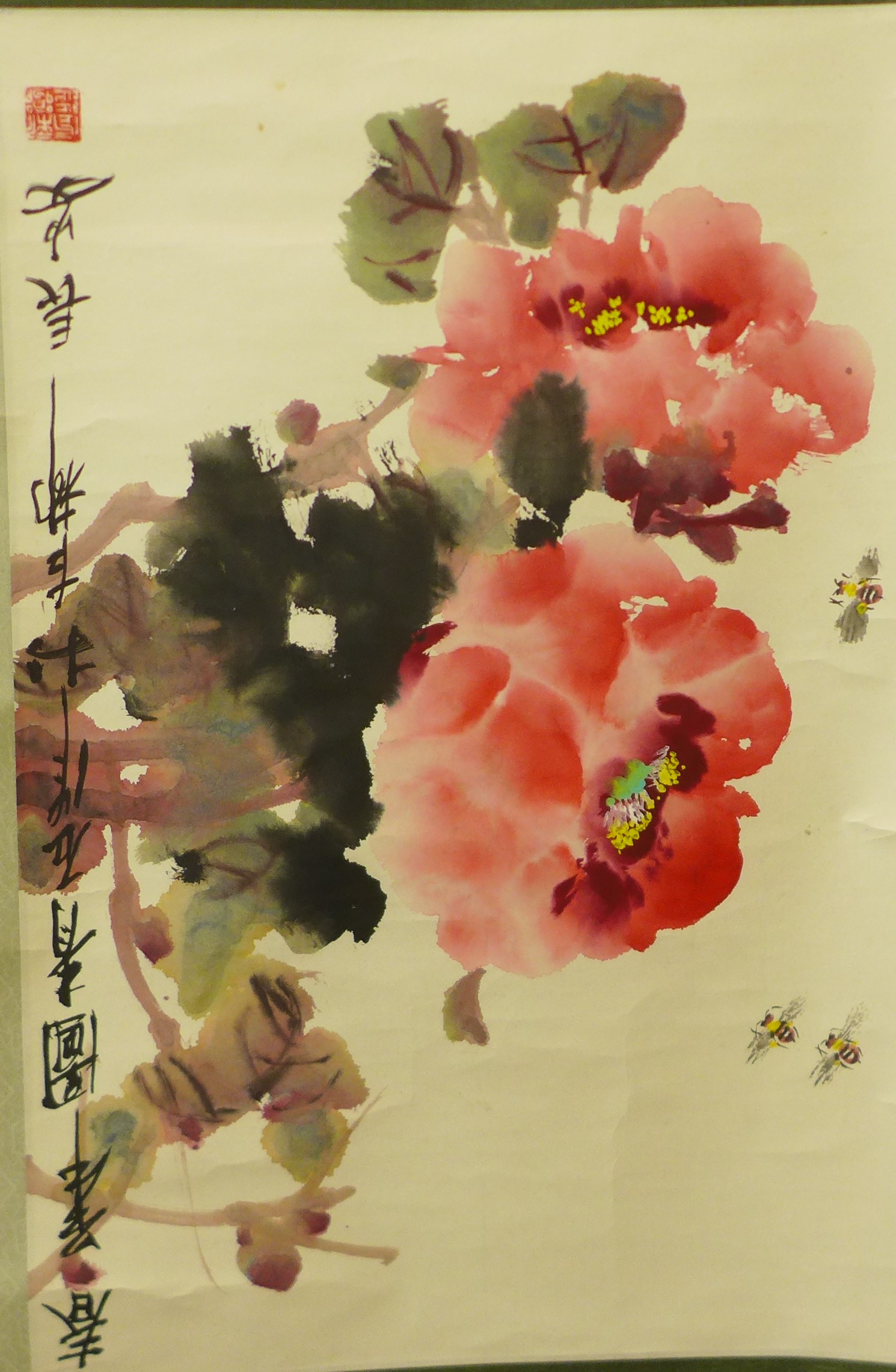 A Chinese scroll, still life of flowers, watercolour, 157 x 52cms