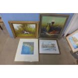 A river landcsape watercolour, two oil paintings and a limited edition etching