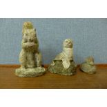 Three animal garden ornaments; duck, squirrel and a seal