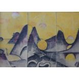 French Modernist School, Japanese triptych landscape, watercolour, 17 x 24cms, framed, Galerie d'