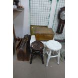 Two Victorian kitchen stools, a metal trunk, etc. (7)