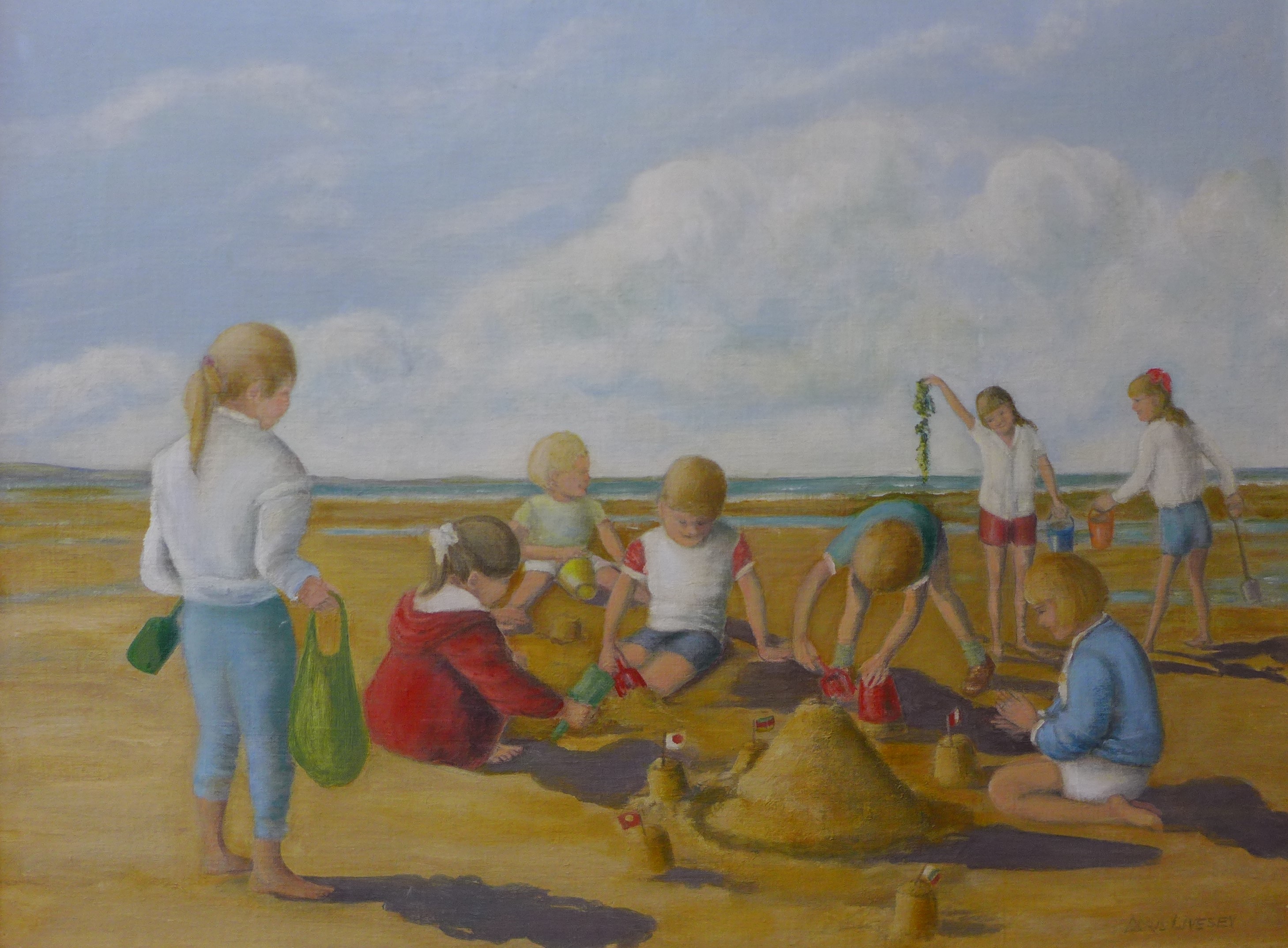 D. Livesey, children playing on a beach, oil on board, 45 x 60cms, framed