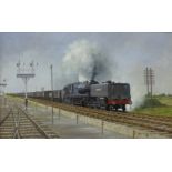 Warwick Richardson, steam locomotive, oil on canvas, 34 x 54cms, framed