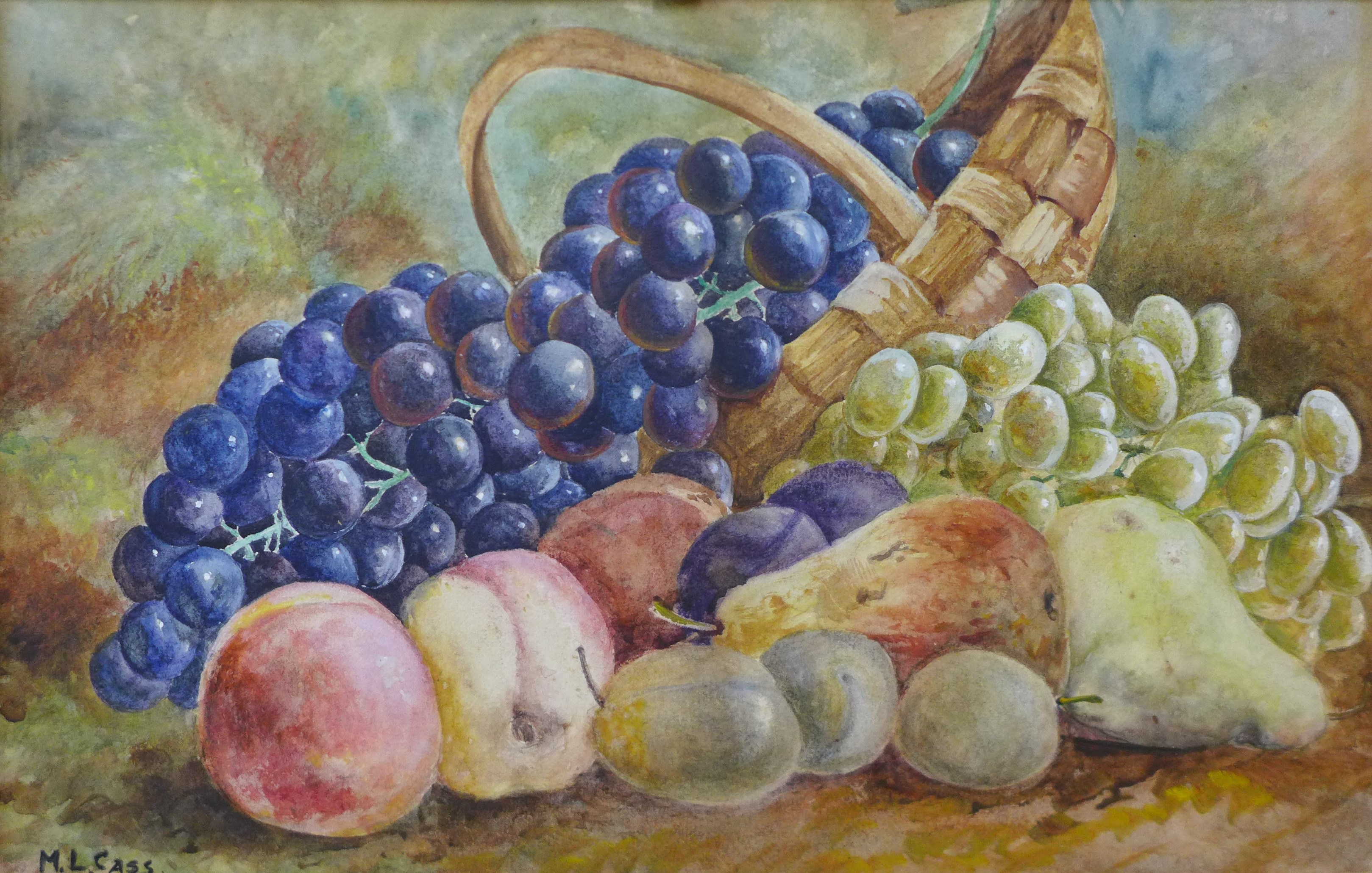 M.L. Cass, pair of still life's of fruit, watercolour, 27 x 42cms, framed