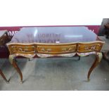 A French Louis XV style mahogany and parcel gilt writing desk, 79cms h, 119cms w, 61cms d