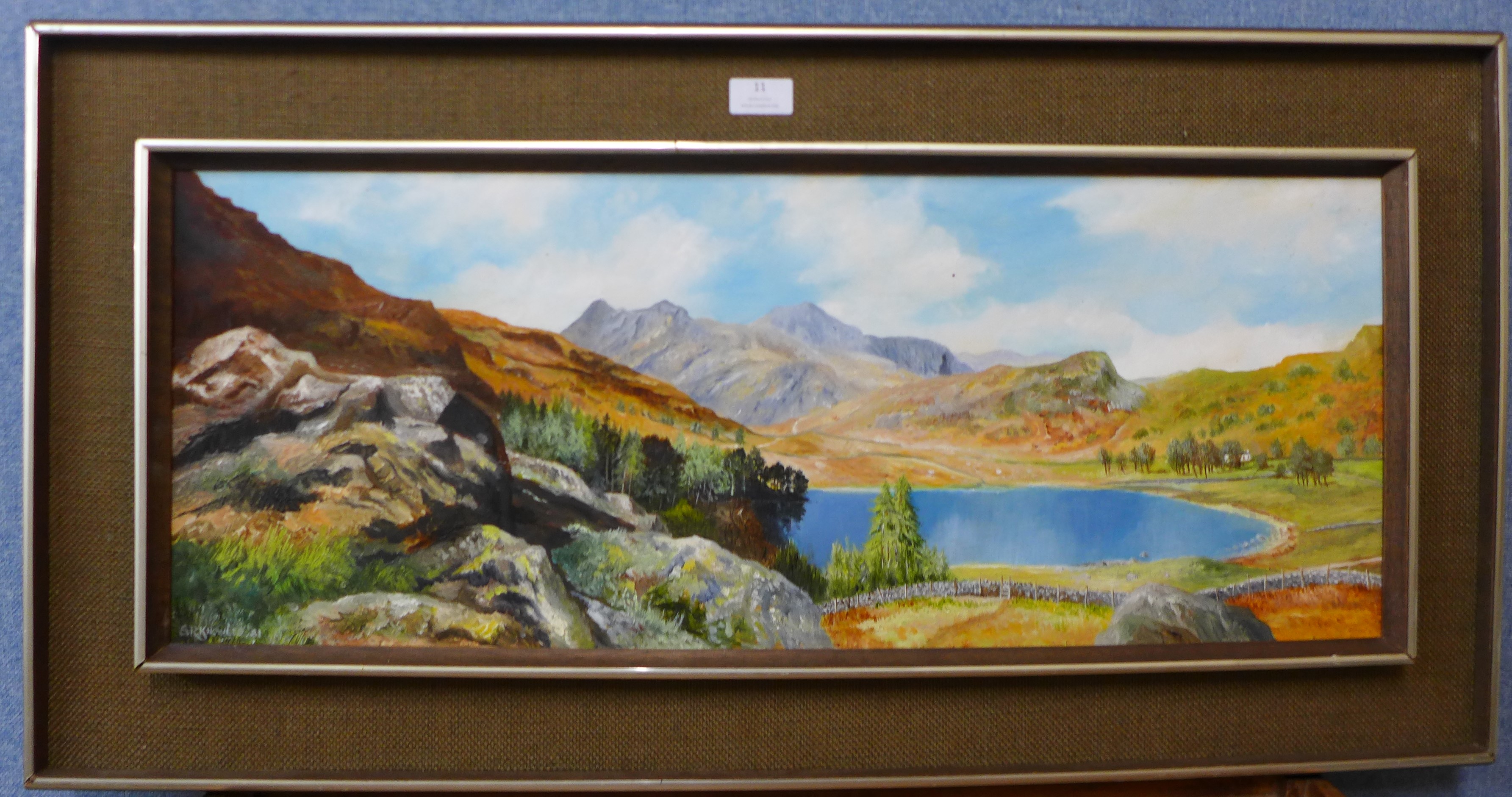 S.R. Knowles, The Langdale Pikes, From Above Blea Tarn, Cumbria, oil on board, 28 x 74cms, framed - Image 2 of 4