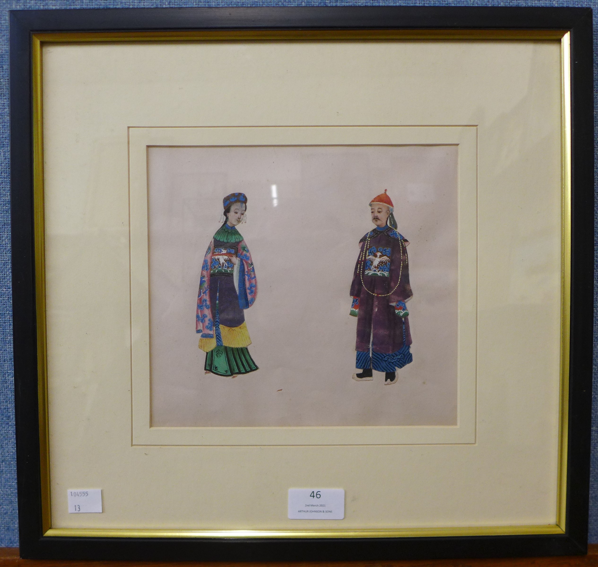 Chinese School (late 19th Century), study of two figures, watercolour, 19 x 20cms, framed - Image 2 of 2