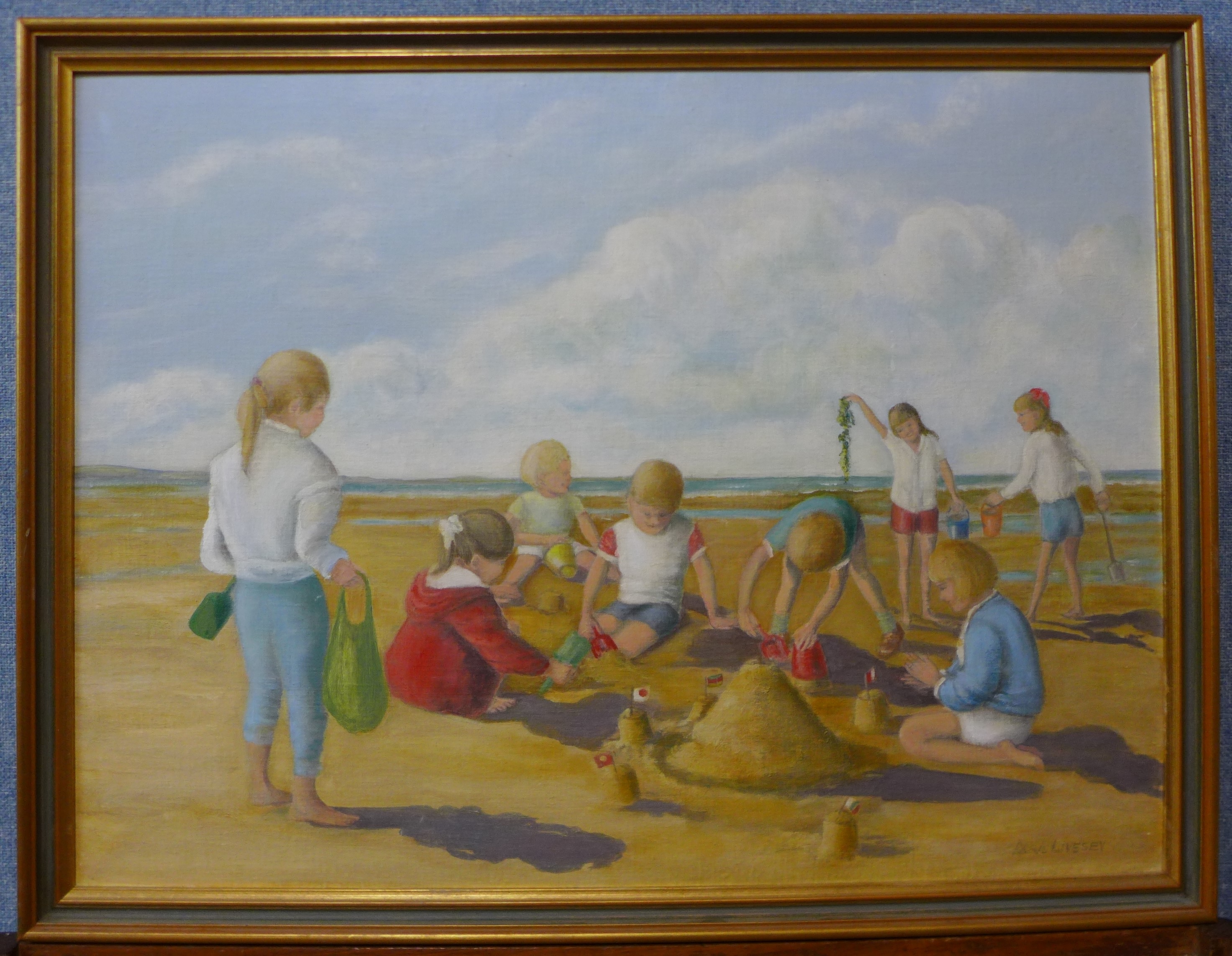 D. Livesey, children playing on a beach, oil on board, 45 x 60cms, framed - Image 2 of 2