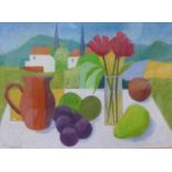 Michael Haswell, still life of fruit and flowers, mixed media, 26 x 37cms, framed