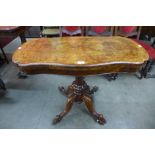 A Victorian burr walnut fold-over card table, 72cms h, 95cms w, 45cms d